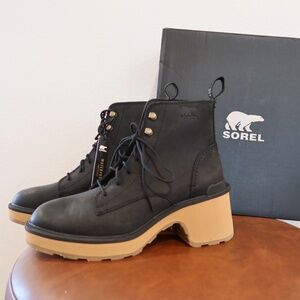 NWT Sorel Hi-Line Black Leather Tawny Buff Sole Lace Up Heeled Boots-Size 8 NEW